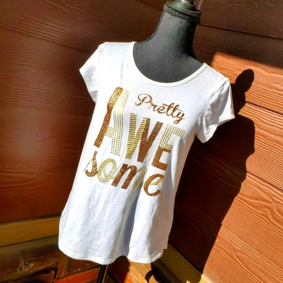 SO Girls Size 16 Pretty Awesome T-Shirt White and Gold Foil - Picture 1 of 10